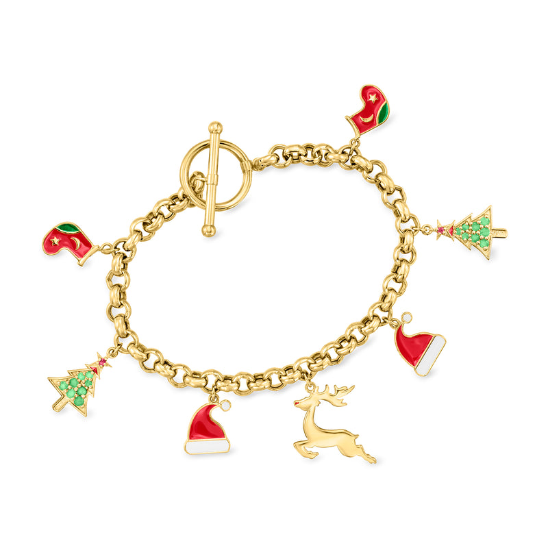 Gold-tone Christmas charm toggle bracelet with enamel star, tree, stocking and hat