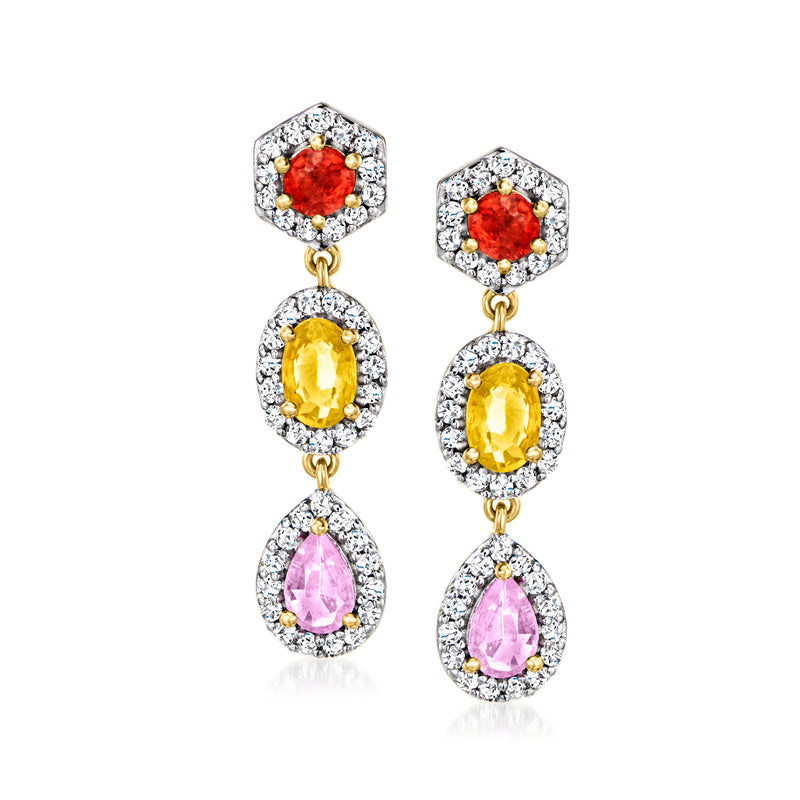18kt gold drop earrings with red, yellow, and pink gemstones in round halo settings