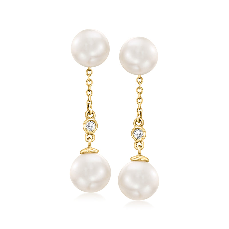 14kt yellow gold drop earrings with white cultured pearls and small diamond accents