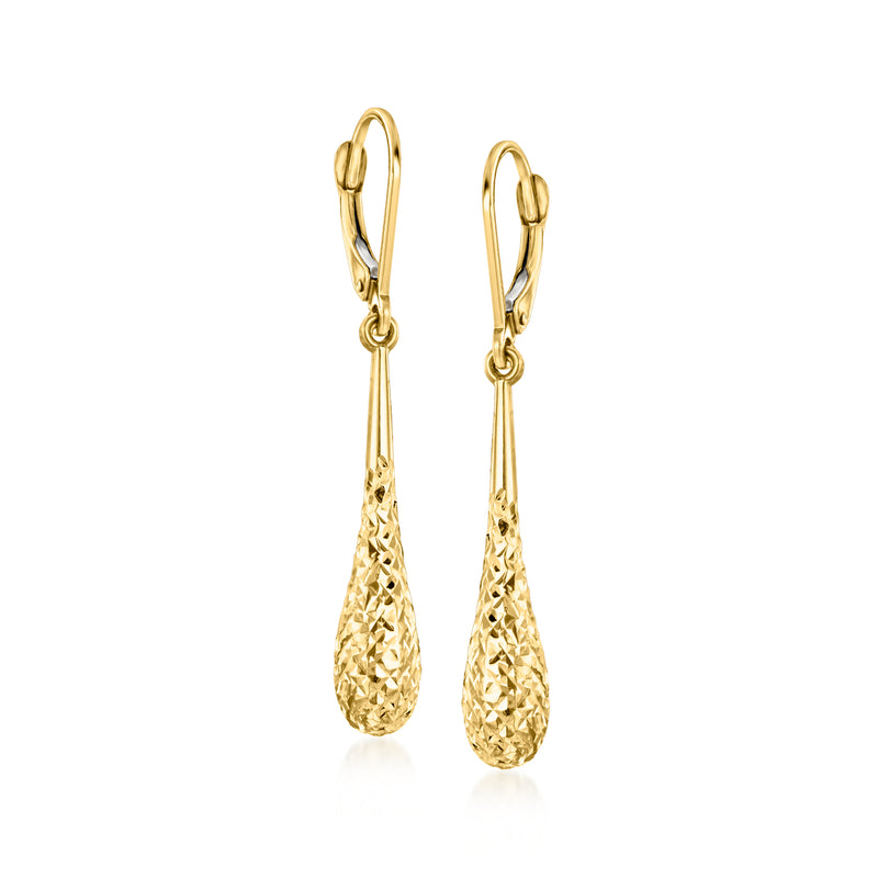 10kt yellow gold teardrop leverback earrings, textured drop with chain link detail