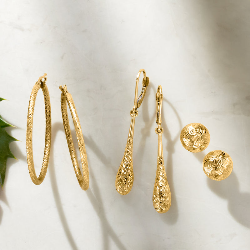 Textured teardrop leverback earrings in 10kt yellow gold, long dangle style