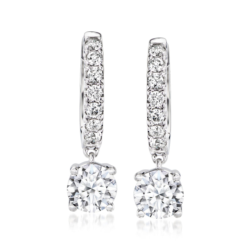 White gold hoop drop earrings with round lab-grown diamond cluster in prong setting
