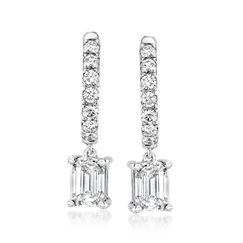 14kt white gold hoop drop earrings with rows of clear stones and square-cut diamond drops