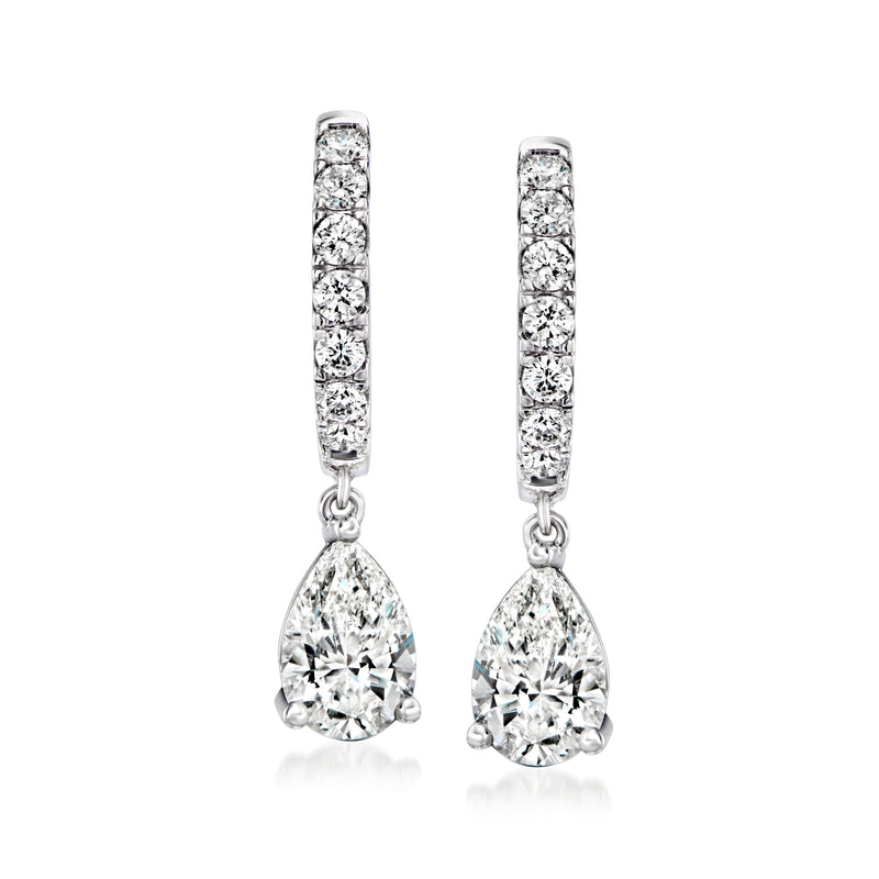White gold lab-grown diamond drop earrings with pear-shaped stones and diamond line settings