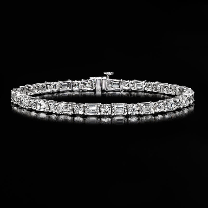 Diamond tennis bracelet in 14kt white gold, top view with mixed cut stones