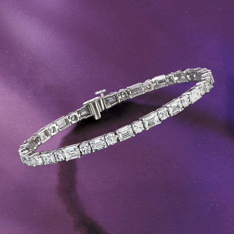 14kt white gold tennis bracelet with rectangular emerald-cut and round diamond links