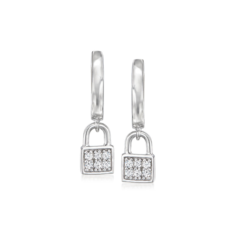 Sterling silver diamond padlock hoop drop earrings with rectangular stone-set locks