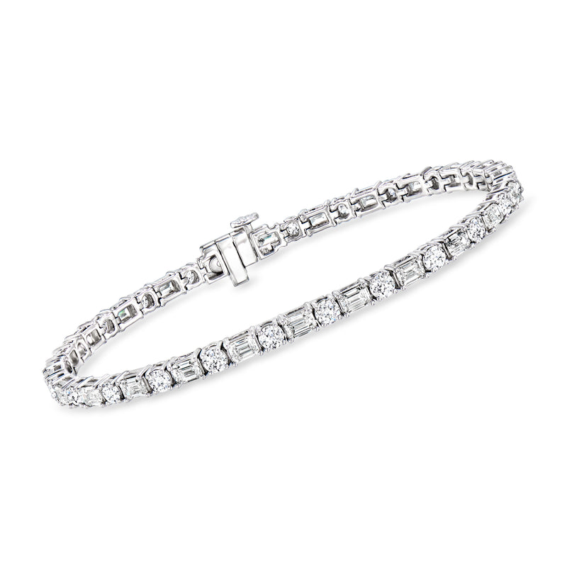 14kt white gold tennis bracelet with alternating round and emerald-cut diamond stones