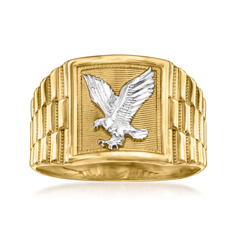 Square 14kt yellow gold men’s ring with raised eagle emblem on textured face