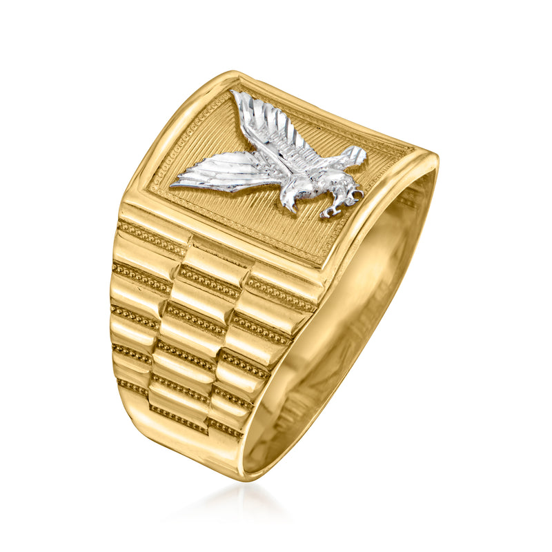 14kt yellow gold square eagle ring, side view shows ridged band details