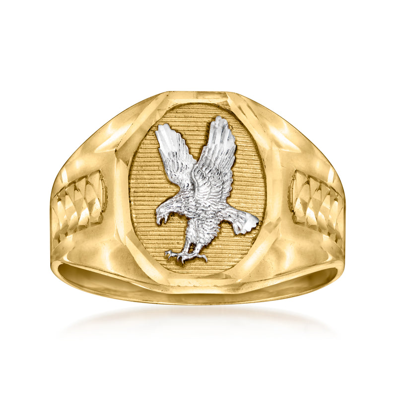 Men's 14kt yellow gold eagle ring with rounded top and engraved eagle medallion