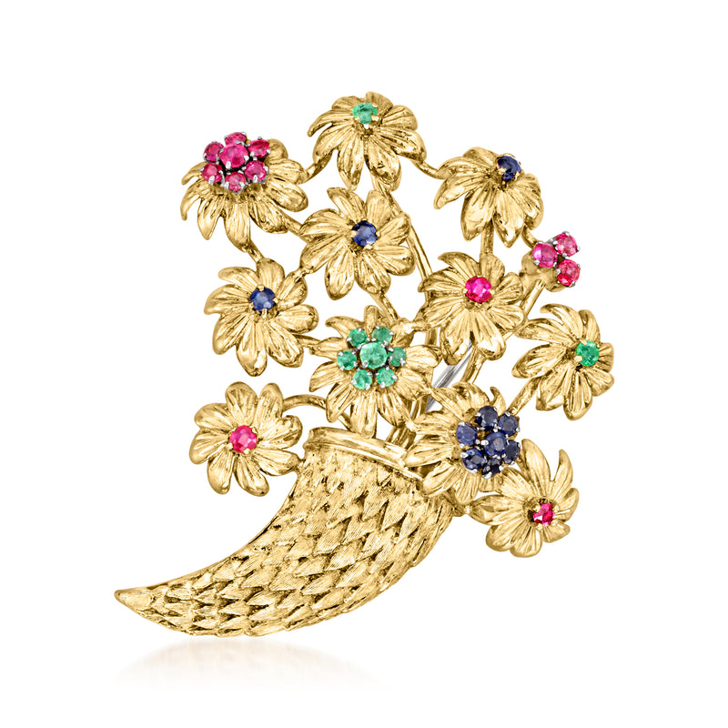 Vintage yellow gold gemstone flower bouquet pin with pink, blue, and green accents