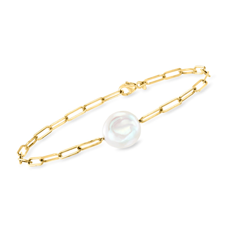 14kt yellow gold paper-clip link bracelet with single white pearl