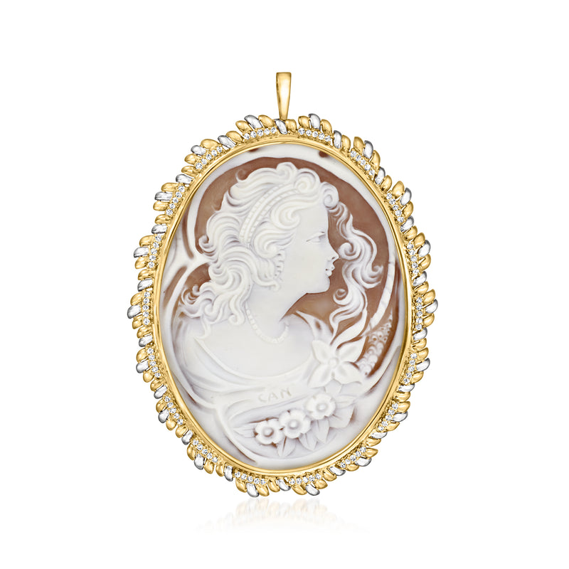 Vintage oval shell cameo pin/pendant with brown cameo and diamond halo in gold tone