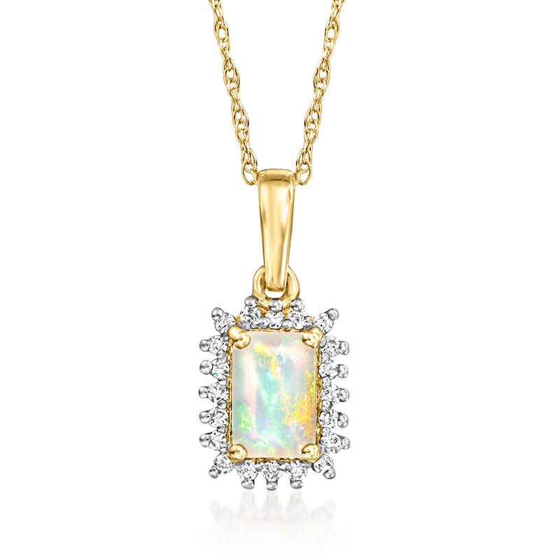 14kt yellow gold opal pendant with rectangular opal center and diamond halo