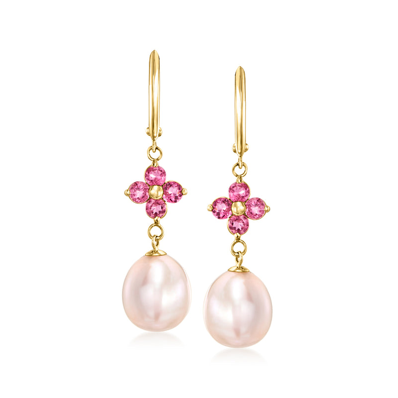 Pink cultured pearl floral drop earrings in 14kt yellow gold with pink stones