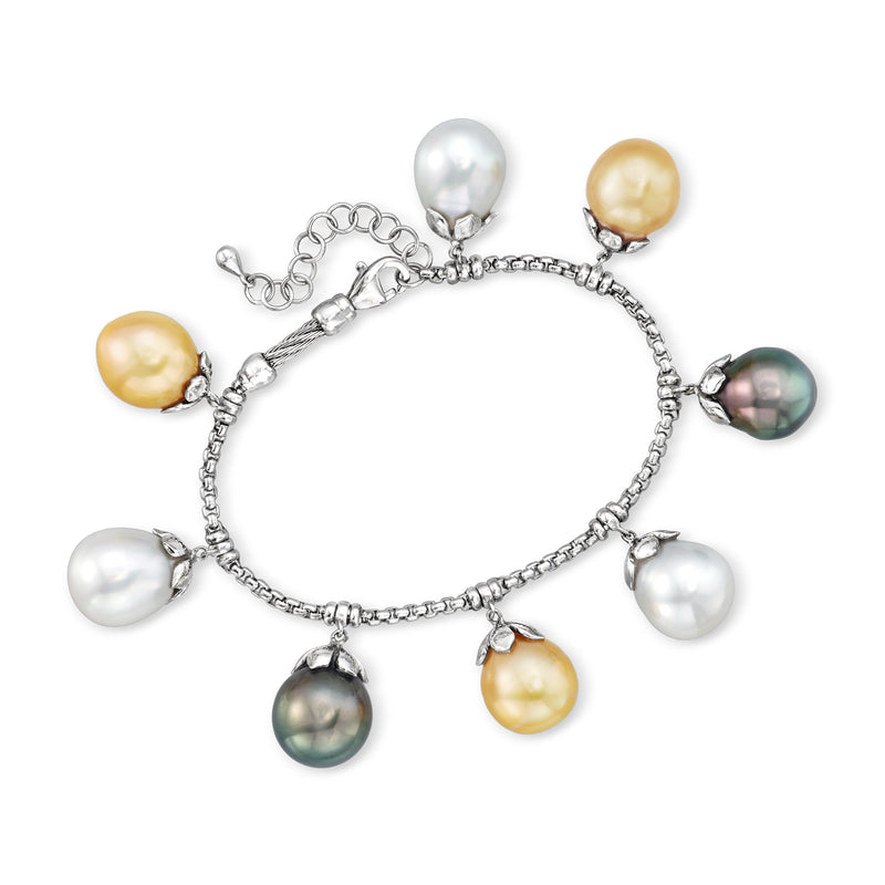 Stainless steel pearl charm bracelet with multicolored round cultured pearls