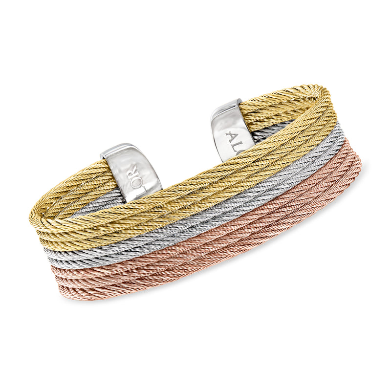 ALOR tri-colored stainless steel cuff bracelet, multi-row yellow, silver and rose metal mesh