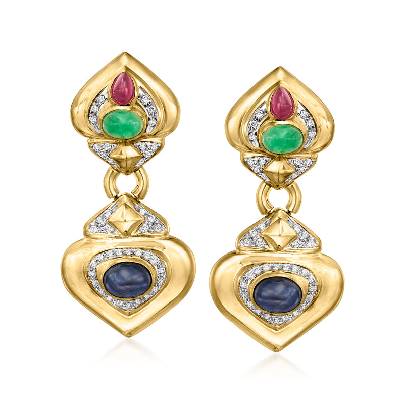 18k yellow gold drop earrings with pink, green, and blue gemstones, framed by diamonds