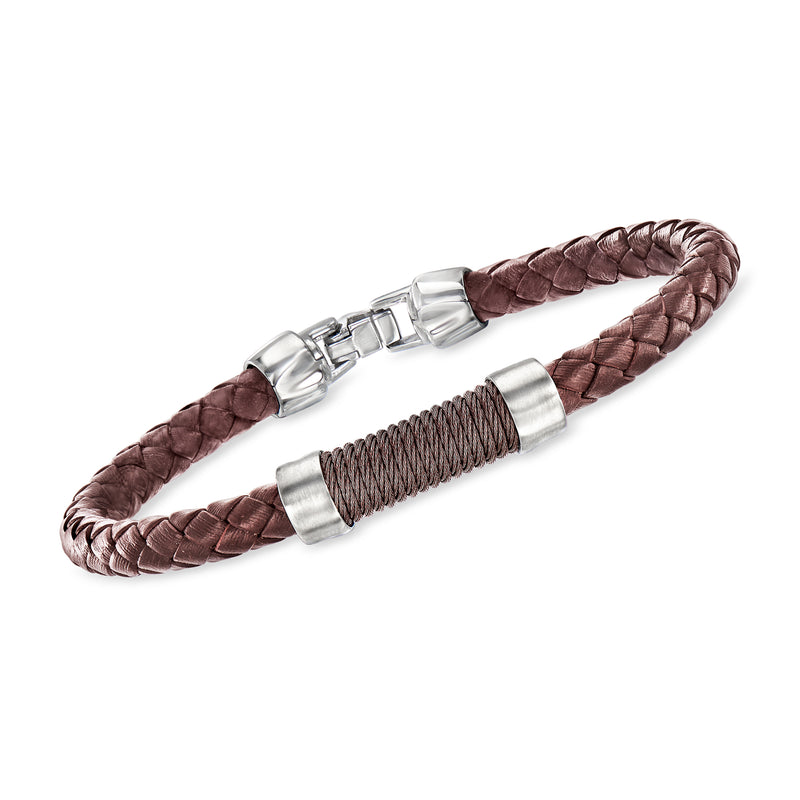 Men’s brown braided leather station bracelet with stainless steel clasp and twist detail