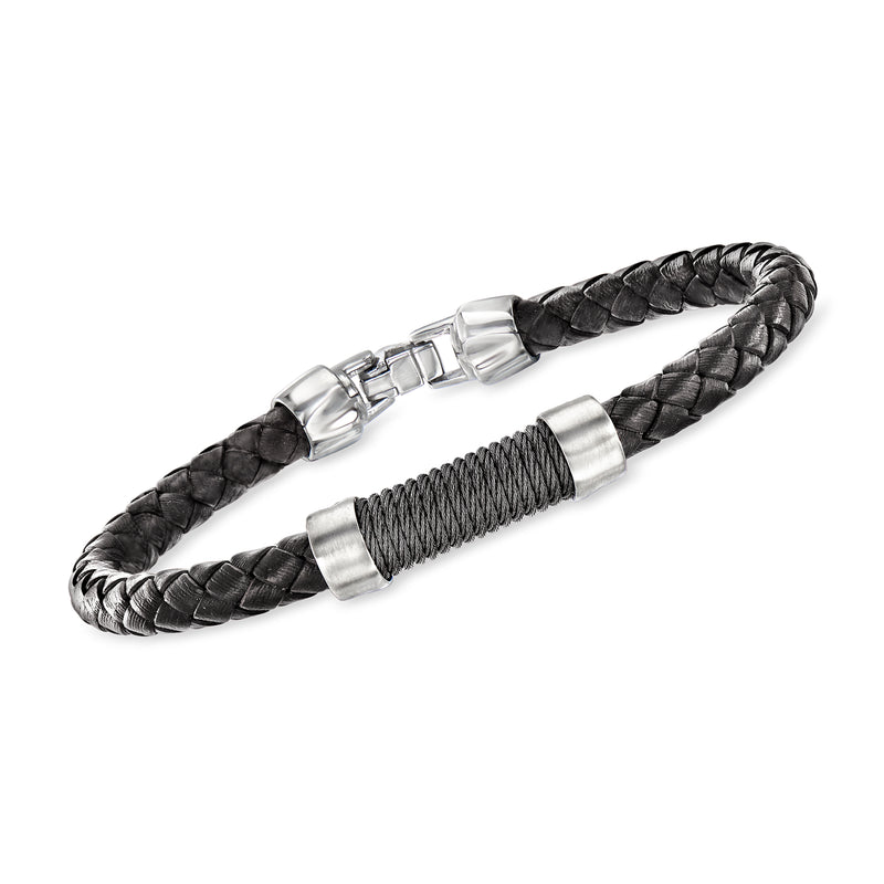 Men's braided black leather bracelet with stainless steel twist and clasp links
