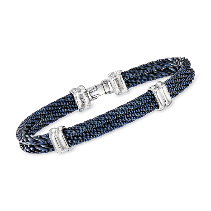 ALOR two-row cable bracelet with dark blue braided strands and silver clasp hardware