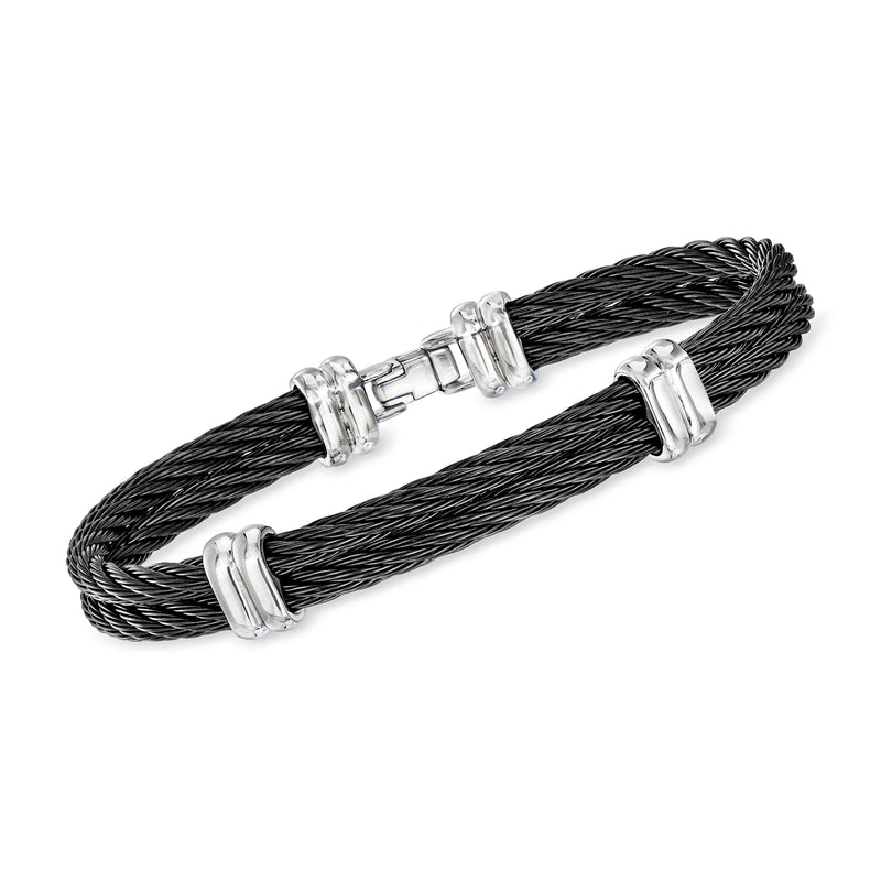 Two-row stainless steel cable bracelet with black braided cords and silver clasp