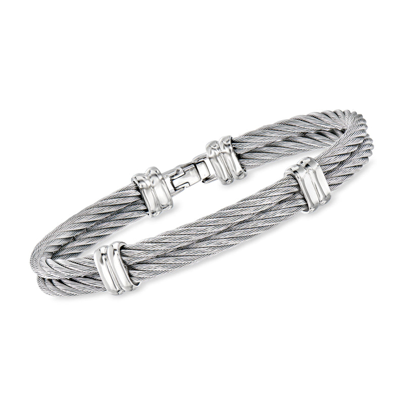 Two-row stainless steel cable bracelet with polished clasp and adjustable links