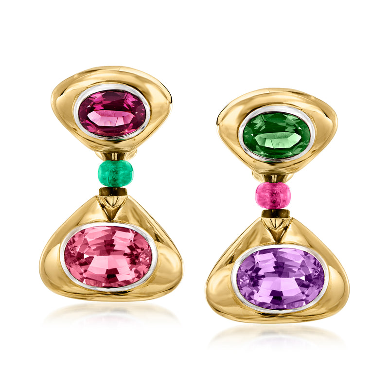 Yellow gold geometric drop earrings with faceted oval multi-gem stones, teardrop tops