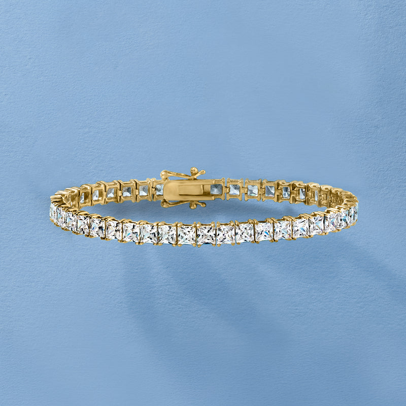 CZ tennis bracelet with gold-tone frame and princess-cut stone row, toggle clasp