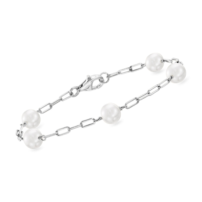 Sterling silver paper-clip link bracelet with cultured pearl stations