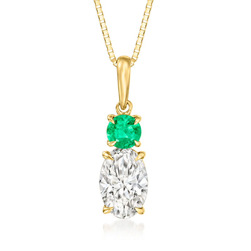 14kt yellow gold pendant necklace with green emerald and clear diamond