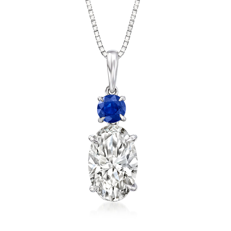 14kt white gold pendant necklace with blue sapphire and oval diamond drop