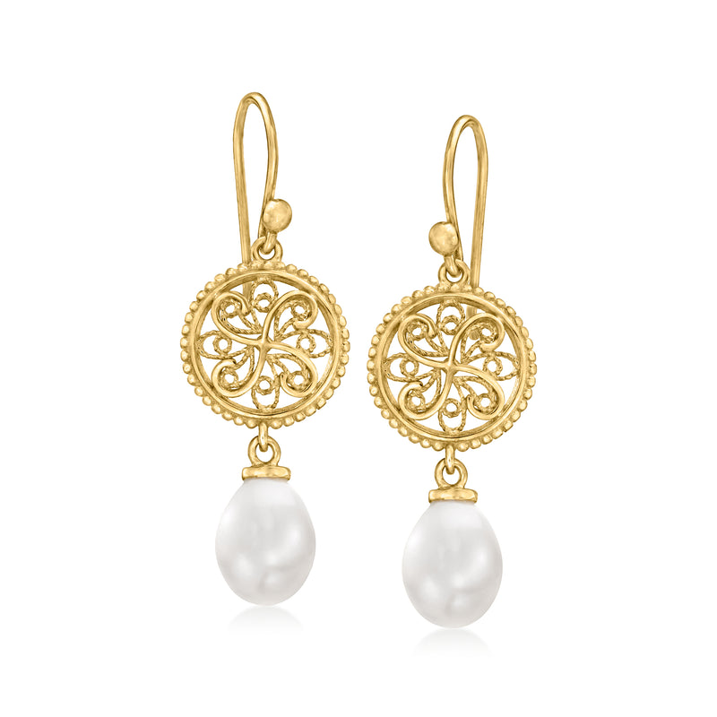 Gold drop earrings with round filigree caps and white cultured pearl dangles