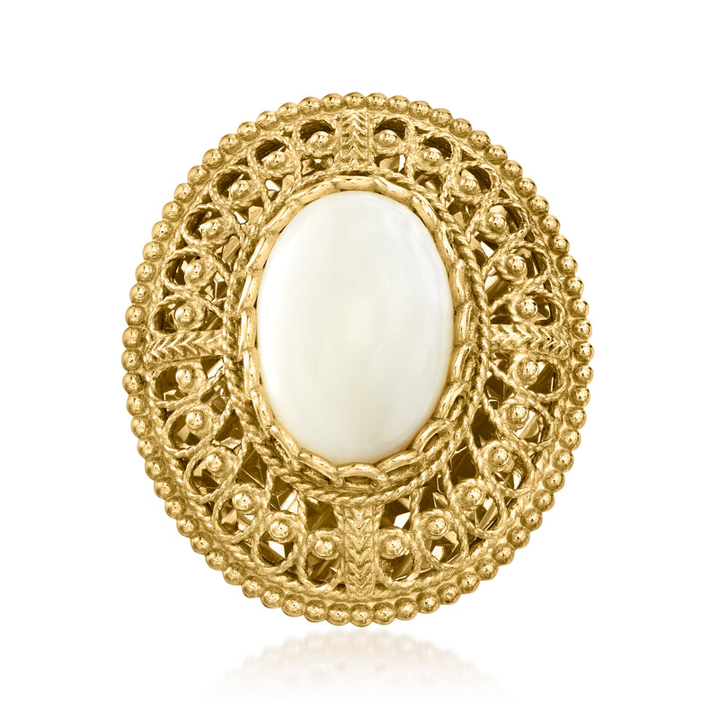 Gold-tone filigree ring with oval white mother-of-pearl-style center