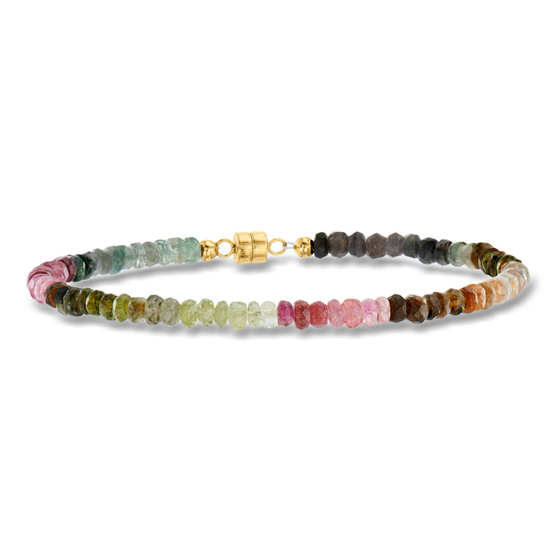 Multicolored tourmaline bead bracelet with 14kt yellow gold magnetic clasp