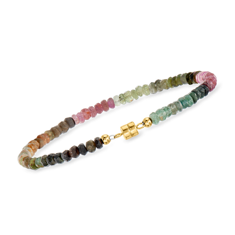 Multicolored tourmaline bead bracelet with 14kt yellow gold magnetic clasp, side view
