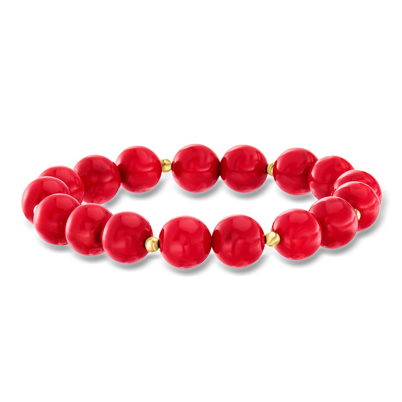 Red coral bead stretch bracelet with 14kt yellow gold spacer beads, round beads