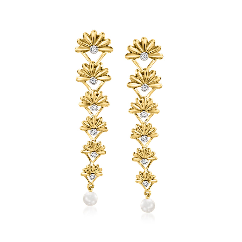 Gold-tone linear drop earrings with diamond-like stones and round pearl drops