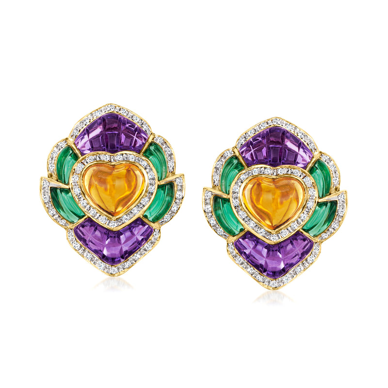 14kt yellow gold heart stud earrings with purple, green gemstones and diamond halo