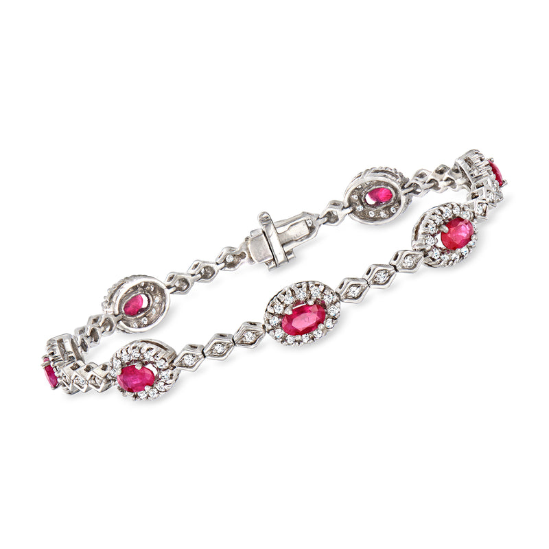 14kt white gold ruby and diamond link bracelet with round red stones and diamonds