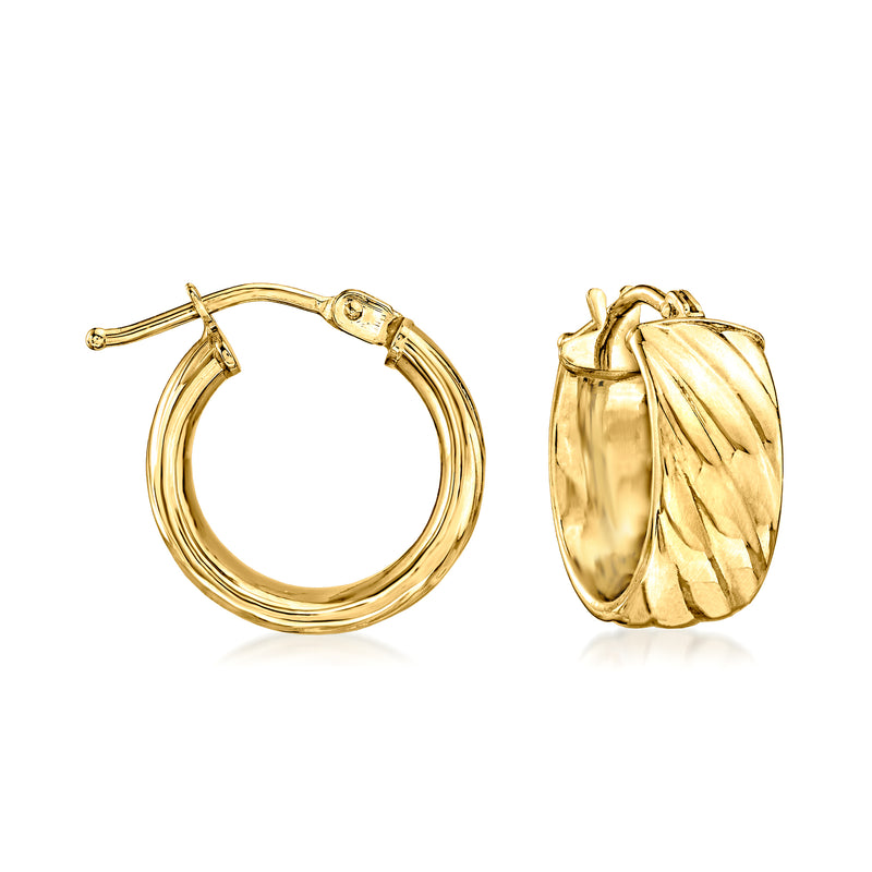 18kt yellow gold hoop earrings with hinge clasp and ridged hoop design