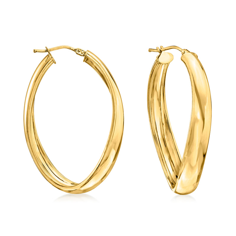 Italian 18kt yellow gold curved hoop earrings, oval polished hoops with hinged clasp