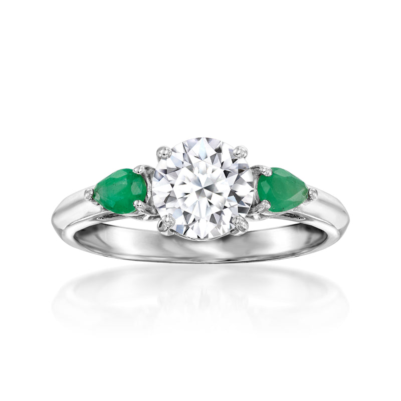 14kt white gold lab-grown diamond ring with oval green emerald side stones