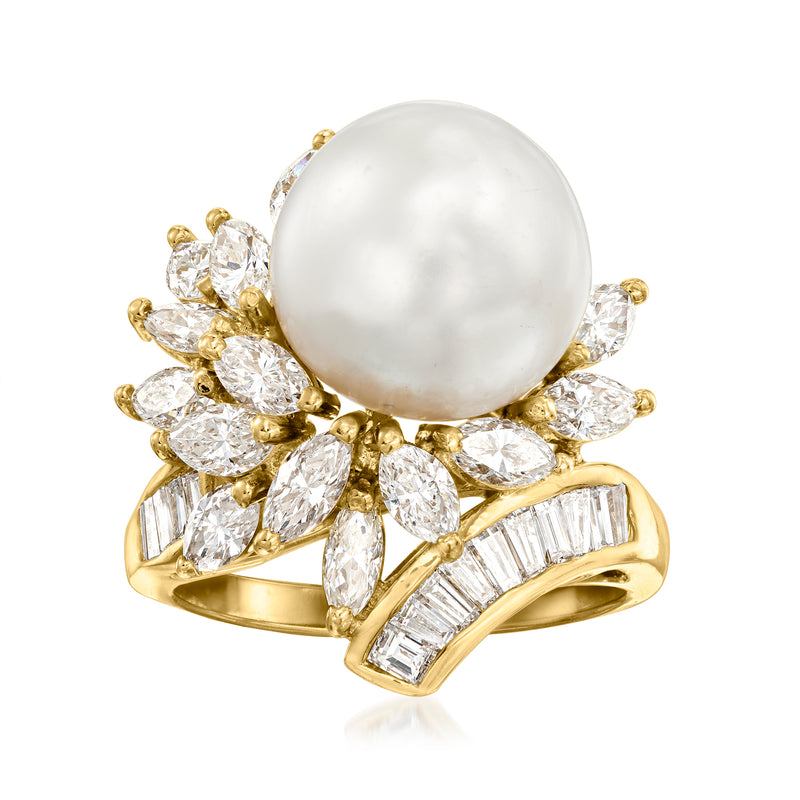 Vintage cultured pearl and diamond ring, large round white pearl in 18k yellow gold