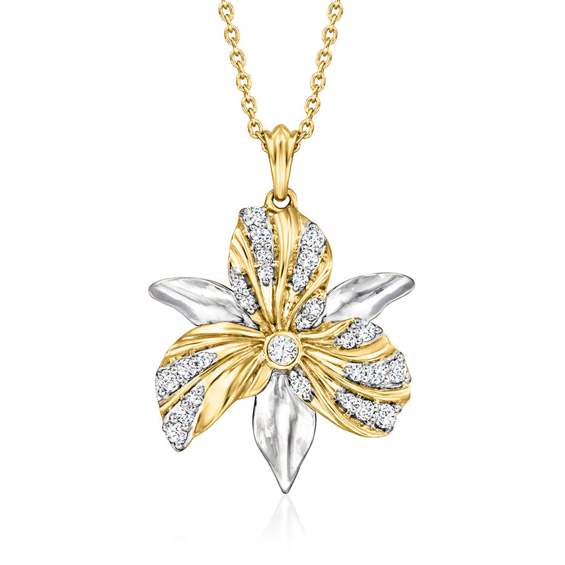 Gold and silver diamond flower pendant necklace with round center stone on chain