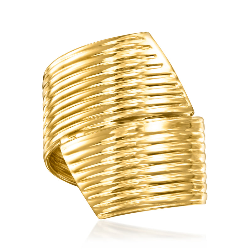 Yellow gold bypass ring with ribbed, parallel ridges, flat band design