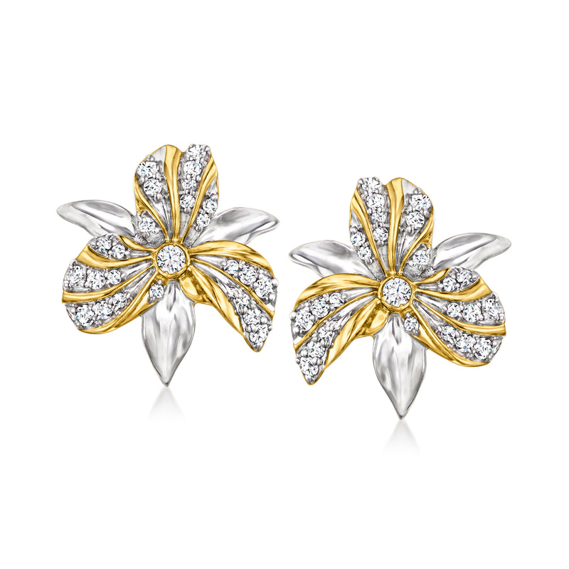 Flower stud earrings with diamond-style stones, sterling silver petals with gold accents
