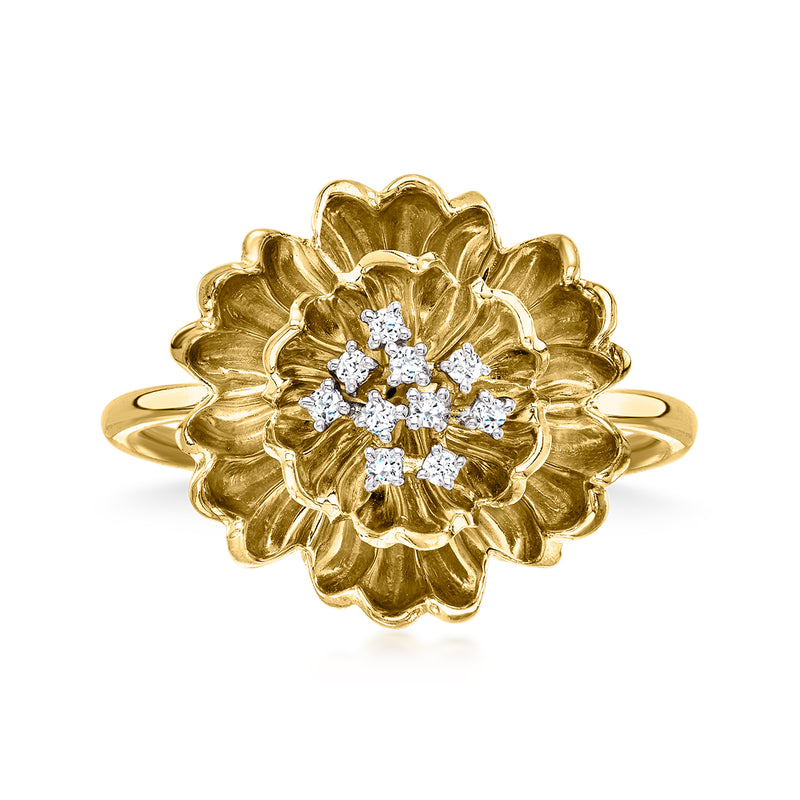 Gold flower diamond ring with five-cushion sparkle cluster, round band