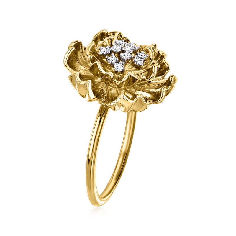 Gold flower diamond ring, side view with sculpted petals and four-stone cross cluster